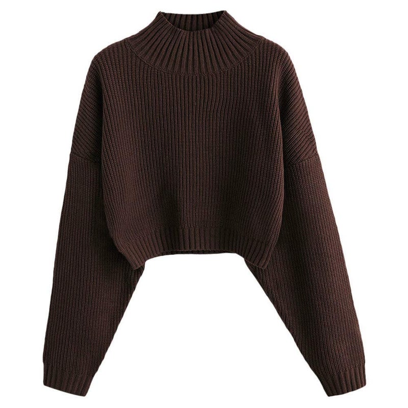 ZAFUL Women's Pullover Sweater Drop Shoulder Plain Knitted Cropped Sweater Pullover Mock Neck Solid Long Sleeve Cropped Top(Small,Deep Brown) - Image 1